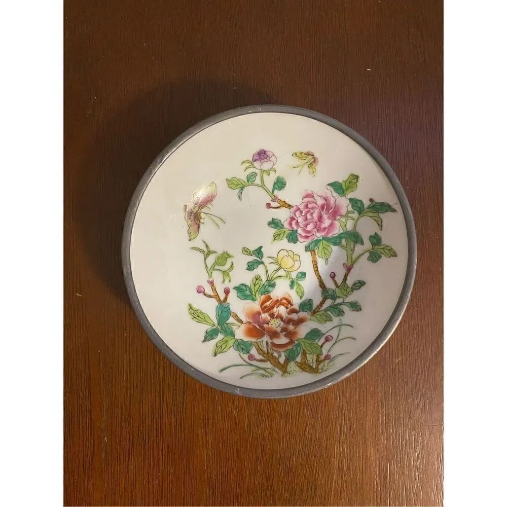 Vintage Japanese porcelain bowl with pewter casing